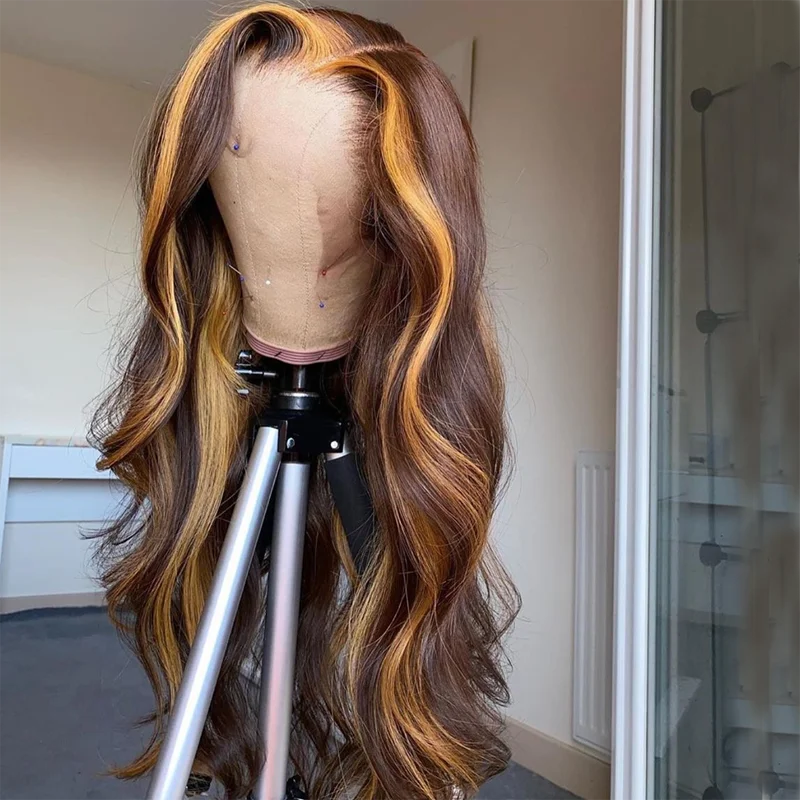 

13*1*6 Brazilian Honey Color Omber Highlight Non-Remy Hair Lace Front Human Hair Wigs Baby Hair Human Hair Wave Wigs