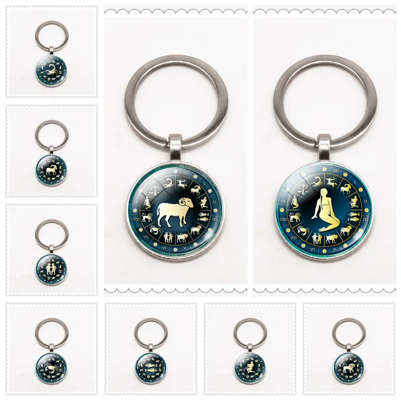 

Cute Zodiac Pattern Keychain Glass Convex Round Pendant Classic Fashion Men and Women Keychain Gift
