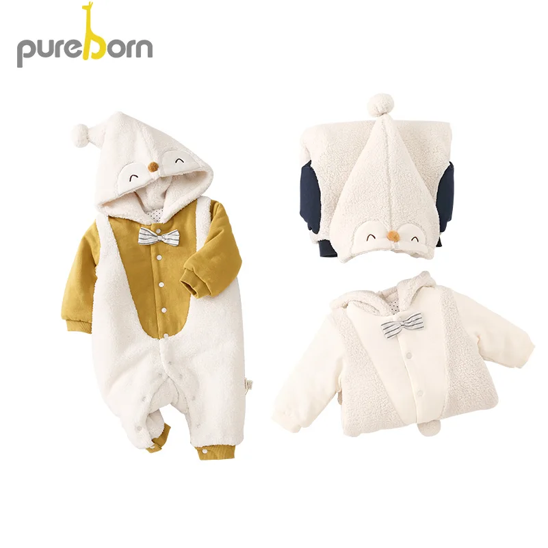 Pureborn/зимняя одежда для новорожденных; комбинезон с капюшоном и рисунком пингвина для маленьких мальчиков; Толстый комбинезон с галстуком-бабочкой для маленьких джентльменов