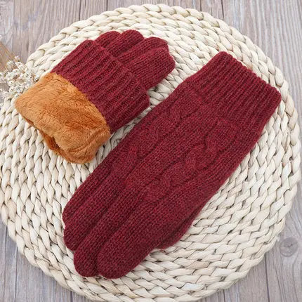 B08 red wine Осенне-зимние женские вязаные перчатки высокого качества, женские бархатные толстые теплые шерстяные кашемировые однотонные перчатки, Женские варежки - Цвет: B08 red wine