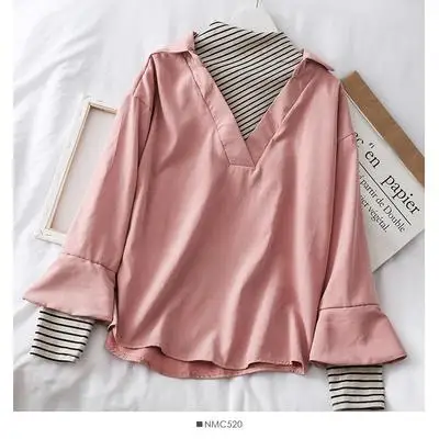 pink Neploe поддельные две части свободные мягкие полосатые рубашки с длинными рукавами Корейский осень зима Твердые Лоскутные блузки для женщин Blusas 46689 - Цвет: pink
