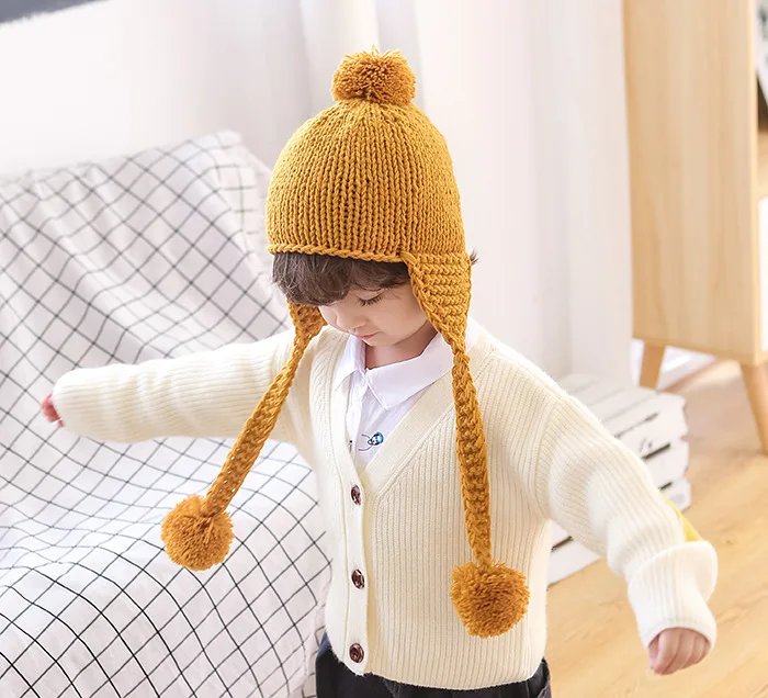 Шапка-ушанка для детей 2-5 лет, зимняя вязаная шапка с помпонами, одноцветная теплая шапка унисекс