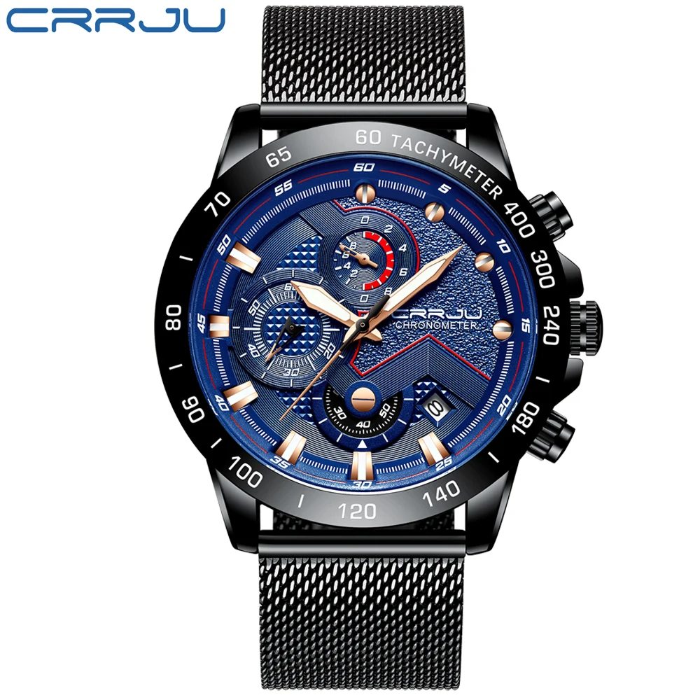 CRRJU мужские часы Стильные креативные часы с хронографом из нержавеющей стали модные водонепроницаемые синие часы с дисплеем даты Relogio - Цвет: Black Blue