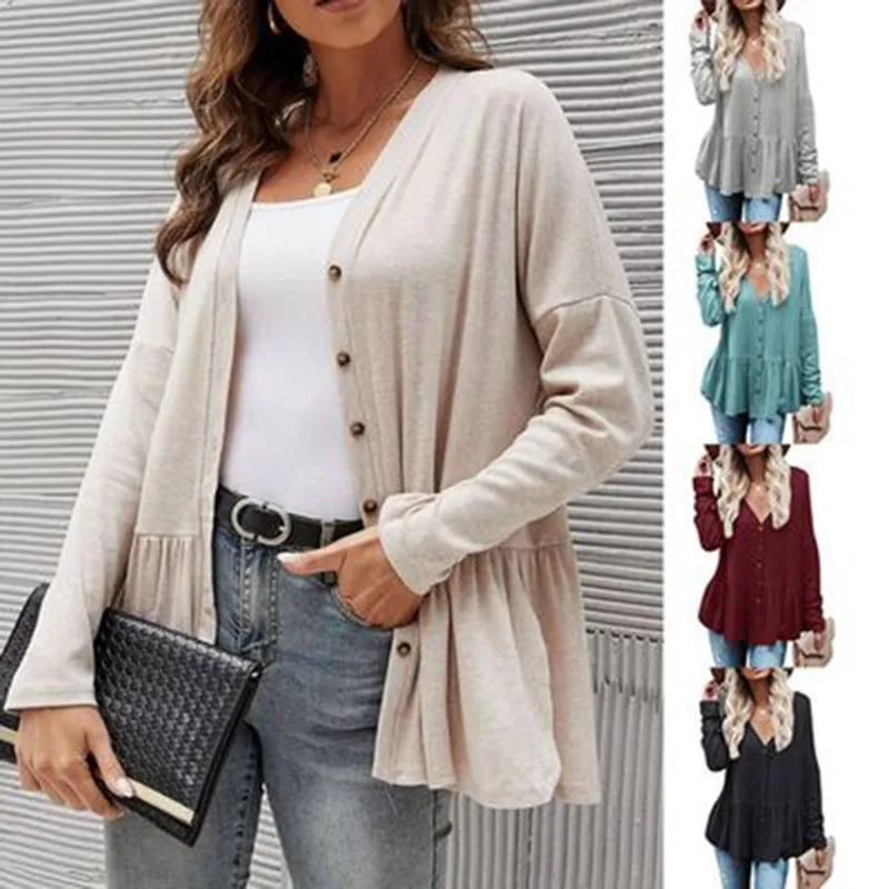 Xl Women's Coat Buttoned Cardigan Thin Coat Women's Solid Color Button Irregular Pleated Hem Long Sleeve Top Plus Size