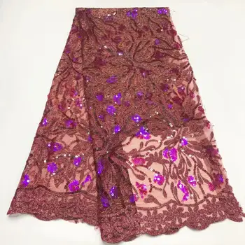 

Rose Gold Pink African Lace Fabric 2019 Embroidered Nigerian Laces Fabric High Quality French Tulle Lace Fabric With Sequins