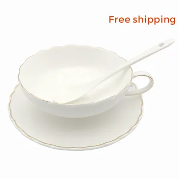 

Coffee Cup Set Lily Gold Rim Style White Ceramic Saucer Spoon 184ML