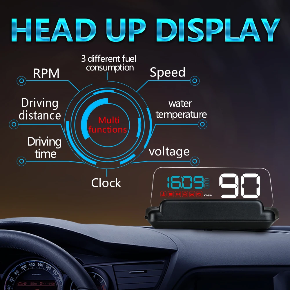 WiiYii Mirror C500 HUD Car Head up display  Speed Projector Security Alarm Water temp Overspeed RPM Voltage Alarm System Auto
