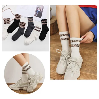 

Winter Article Leopard Women Socks Splicing Funny Socks Harajuku Fashion Keep Warm Cotton Casual Soft Speckle Leopard Cotton