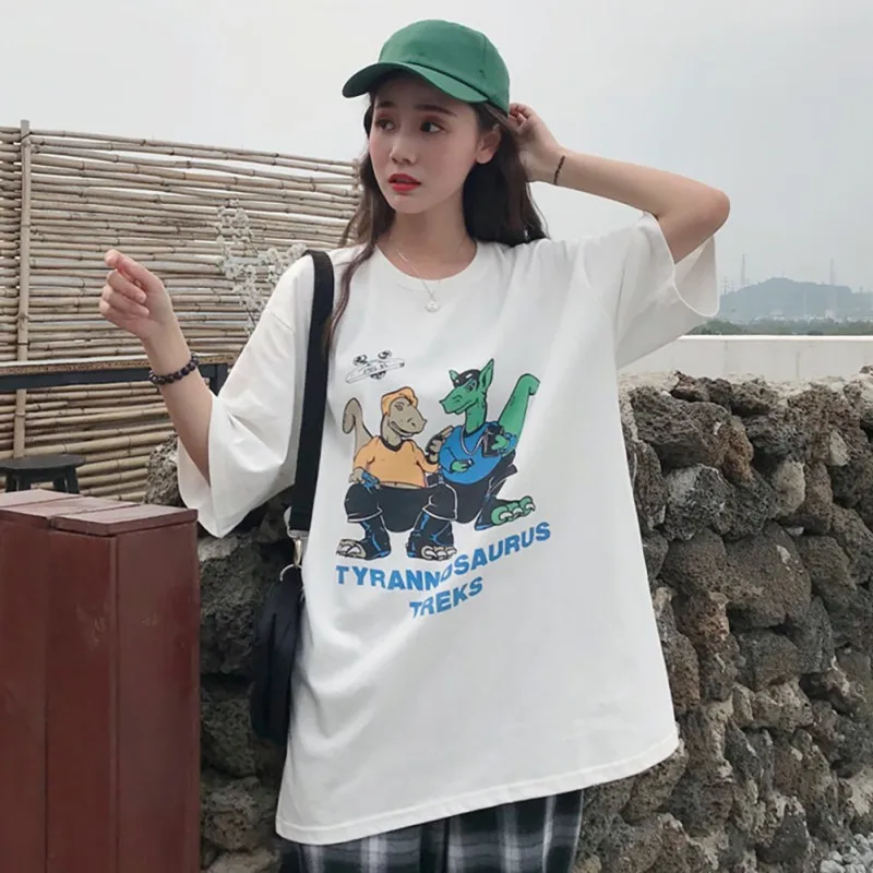 

2019 Summer Women's Round Neck Cartoon & Letters Print Pattern Half Sleeve Long Clothing Loose Female Girl Casual T-Shirt