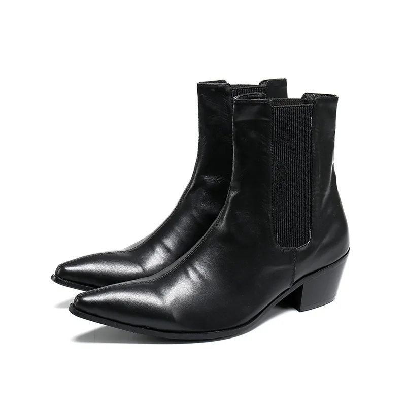 British Style Mens Chelsea Boots Leather Ankle Boots Pointed Toe Slip On Men High Fashion Elastic High Heel Work