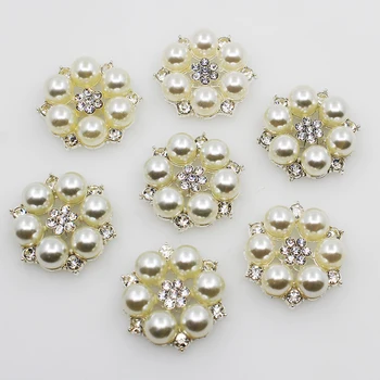 

50pc 28mm silver round Floert ivory pearl Rhinestone Button metal Wedding invitations decorate hair flower center scrapbooking