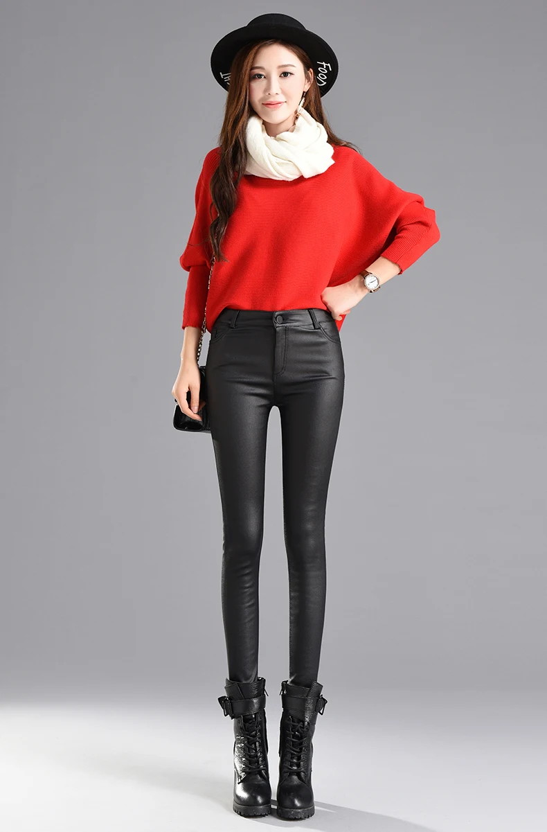 Women Thin Velvet PU Leather Pants 2019 Autumn Winter Female Sexy Pantalon Leggings Elastic Stretch Skinny Tight Faux Leather Pencil Pants Trouser Lady Trousers Black Color S XXXL High Quality Warm Ladies Streetwear (2)