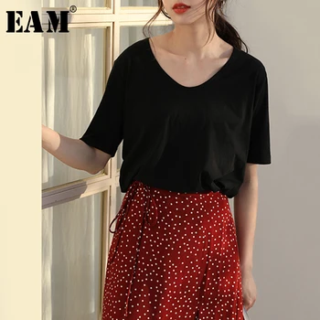 

[EAM] Women Multicolor White Brief Temperament T-shirt New V-Neck Half Sleeve Fashion Tide Spring Summer 2020 1S943