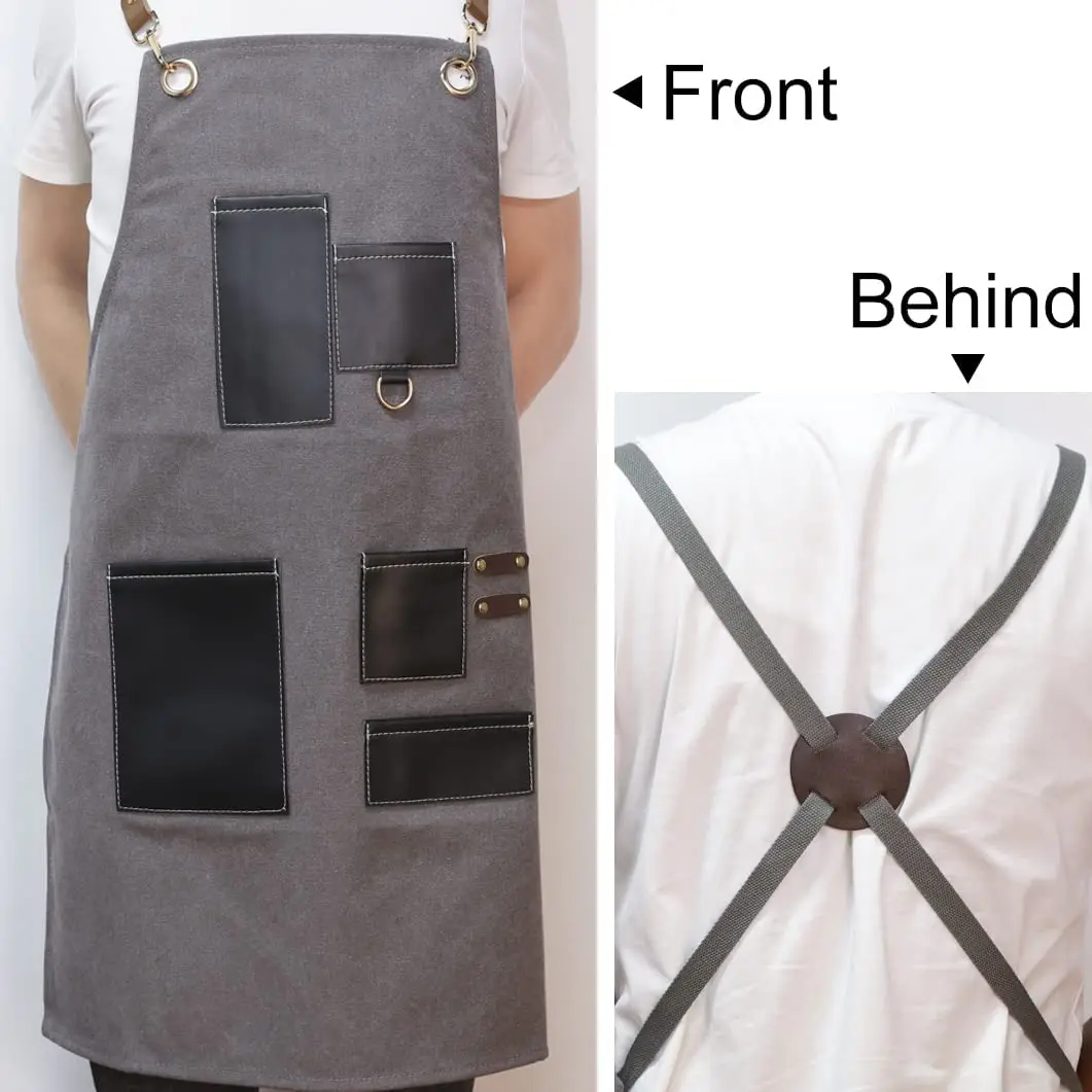 Barber Apron Canvas Cross Back Pinafore with Pockets Multifunction Kitchen Cooking Baking Bib Salon Leather Hairdresser Cape 4