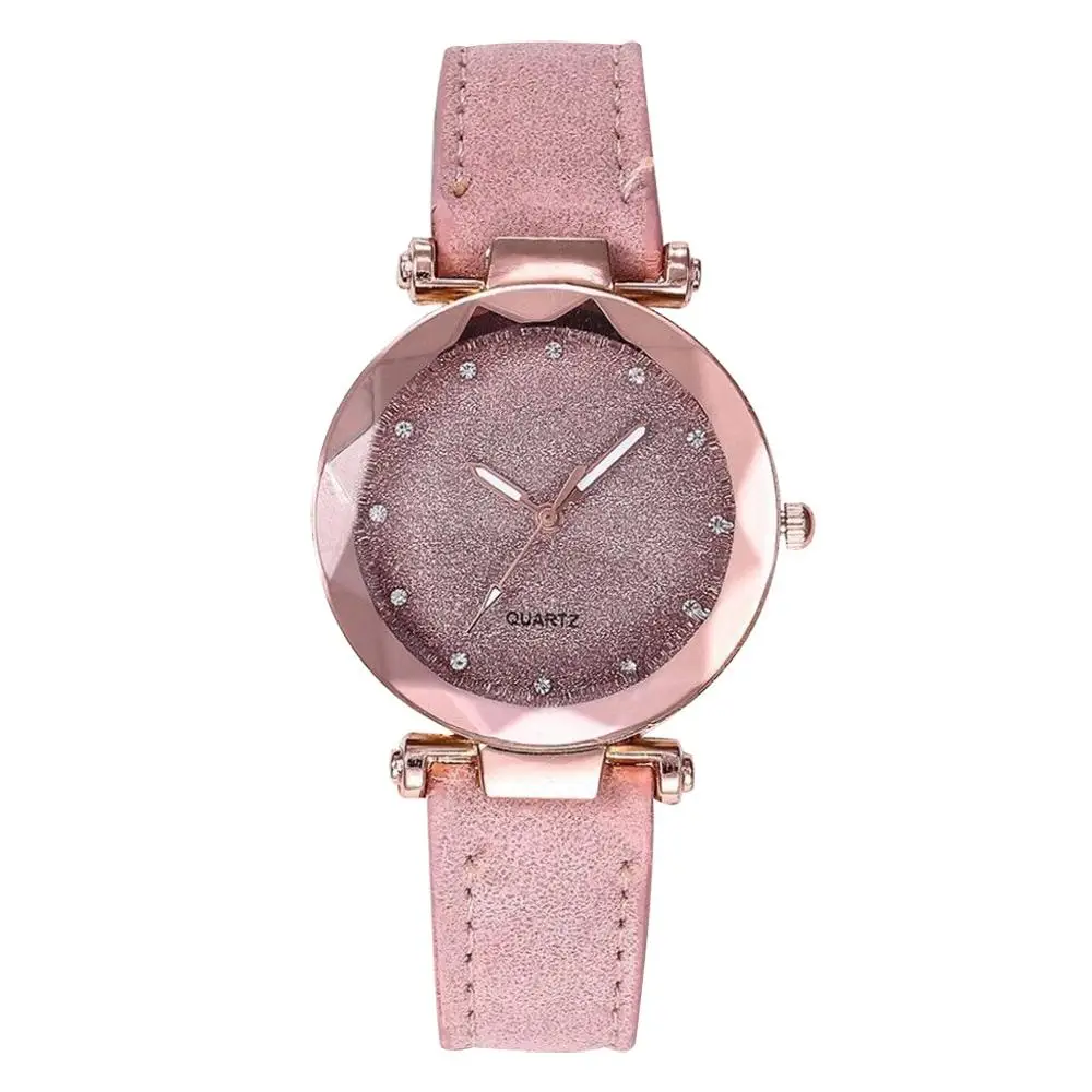 Женские наручные часы звездного неба, кожаные, повседневные, романтические, со стразами, дизайнерские, женские часы, простое платье, Gfit Montre Femme 6B - Цвет: Розовый