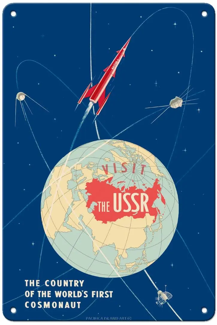 Island Art Visita L'Urss Il Primo Razzo Del Mondo-Vintage Travel 1963-8In X 12In Vintage Metal Tin Sign