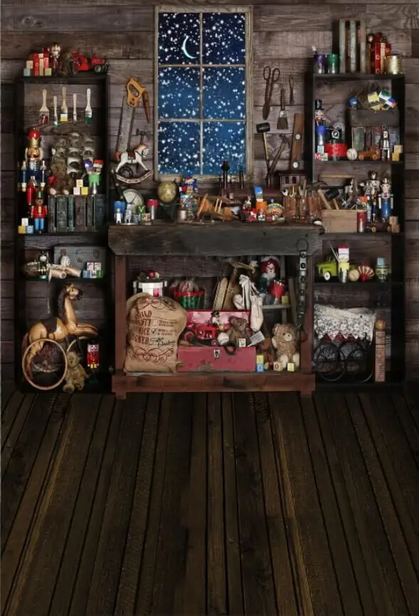 5x7FT Christmas Santa Shop Wood Tools Shed Window Night Custom Photo Studio Background Backdrop Vinyl 150cm x 220cm | Электроника