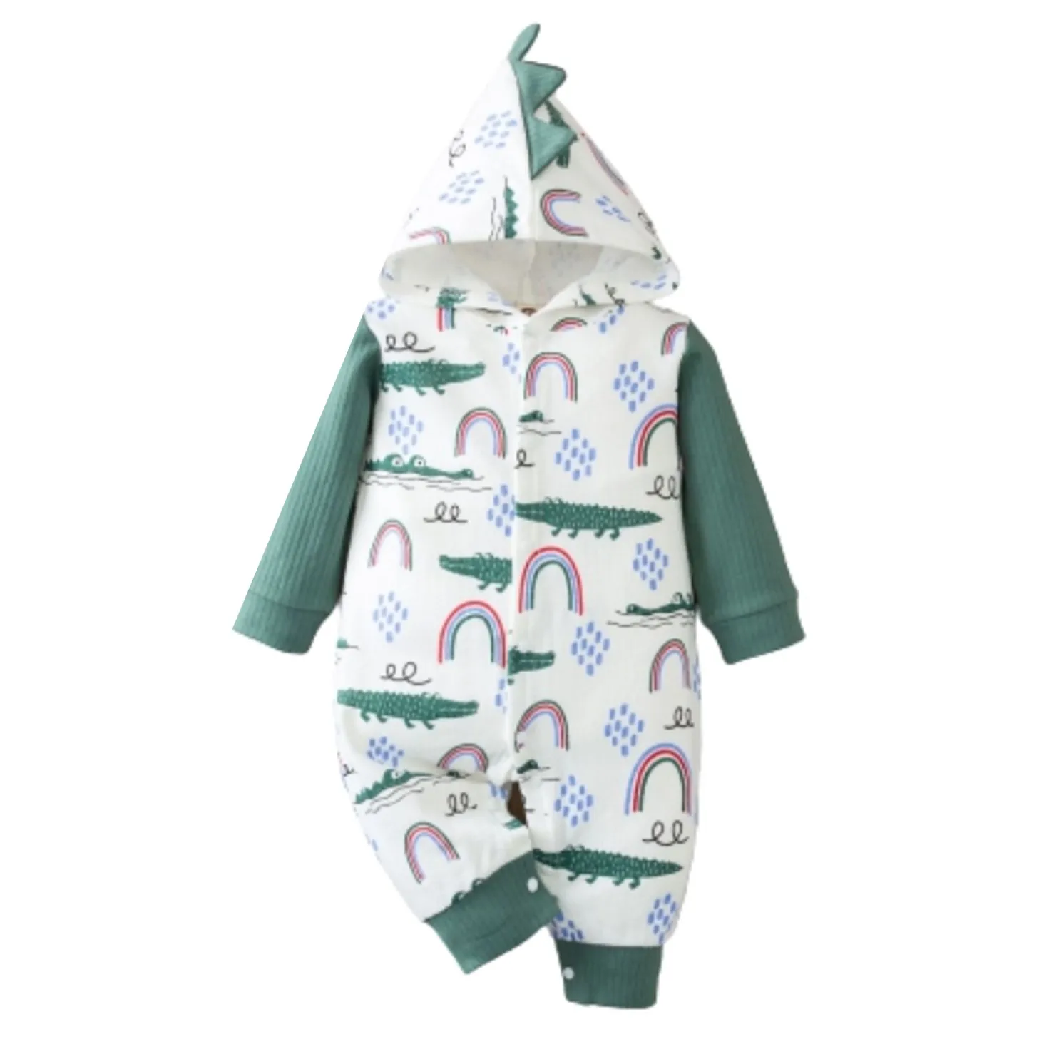 

2020 New Fall Autumn Newborn Baby Boys Girls Crocodile Rainbow Print Hooded Romper Single Breasted Long Sleeve Toddler Outfits