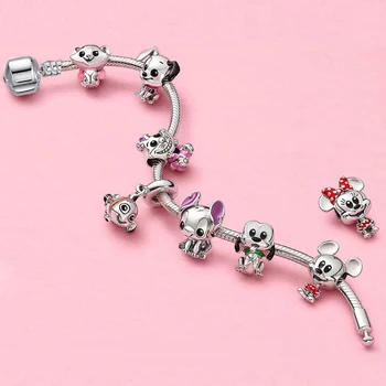 

New Silver Color Cartoon Stitch Bruto Cheshire Cat Beads Charm Bracelets Bangles With Pendant DIY Fit Pan Bracelet Women Jewelry