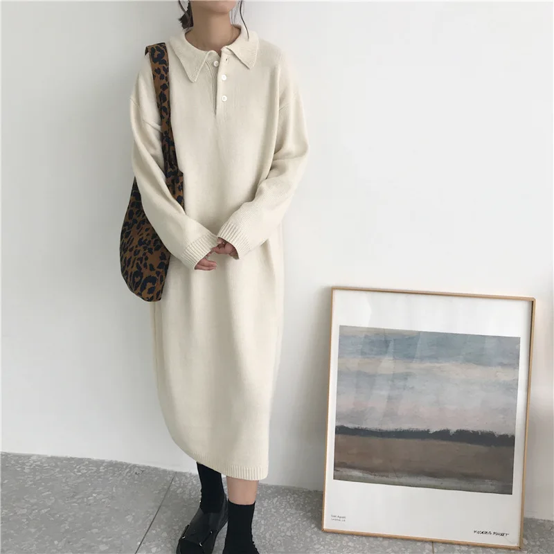 

Autumn And Winter Korean-style Knitted Dress Long over-the-Knee Dress Women's Hong Kong Flavor-Style Loose-Fit Polo Collar Thick