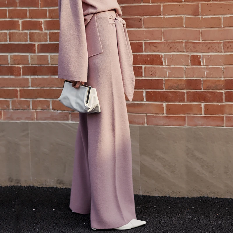 AEL шерстяной трикотаж широкие брюки для женщин осень зима Бант пояс свободные эластичные брюки Модная элегантная женская одежда