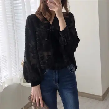 

Women Shirt Heavy Flocking Floral Vintage Elegant V-neck Light Transparent Lantern Sleeve Shirt