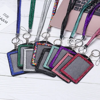 

1PC Bling Rhinestone Badge Card Holder with Cord Vertical Business Name Card Case Unisex Protector Cover Multi-use Card Sleeve
