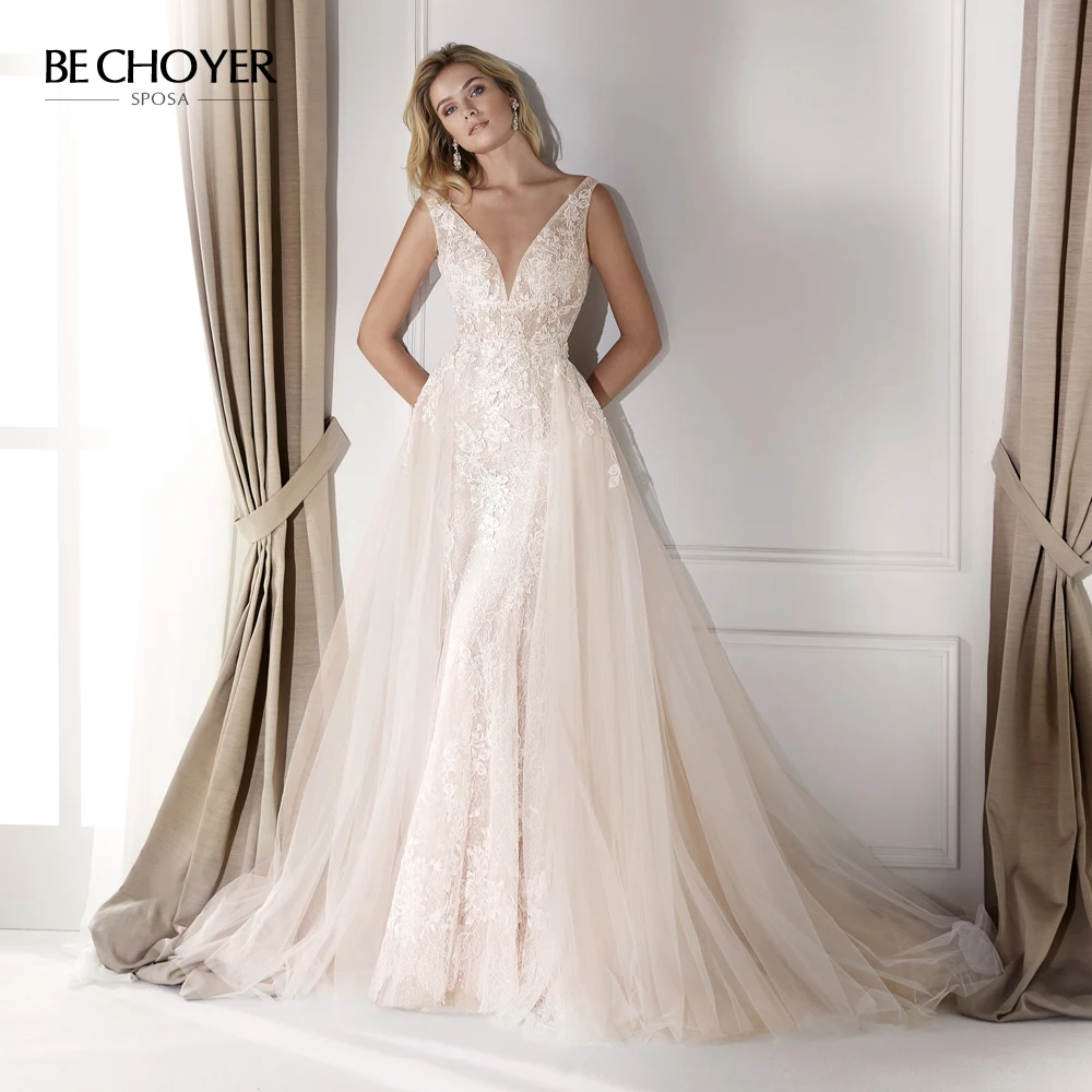 

Vestido de Noiva Detachable Train Appliques Mermaid Wedding Dress V-neck Backless Sleeveless Princess Bride Gown BECHOYER NZ28