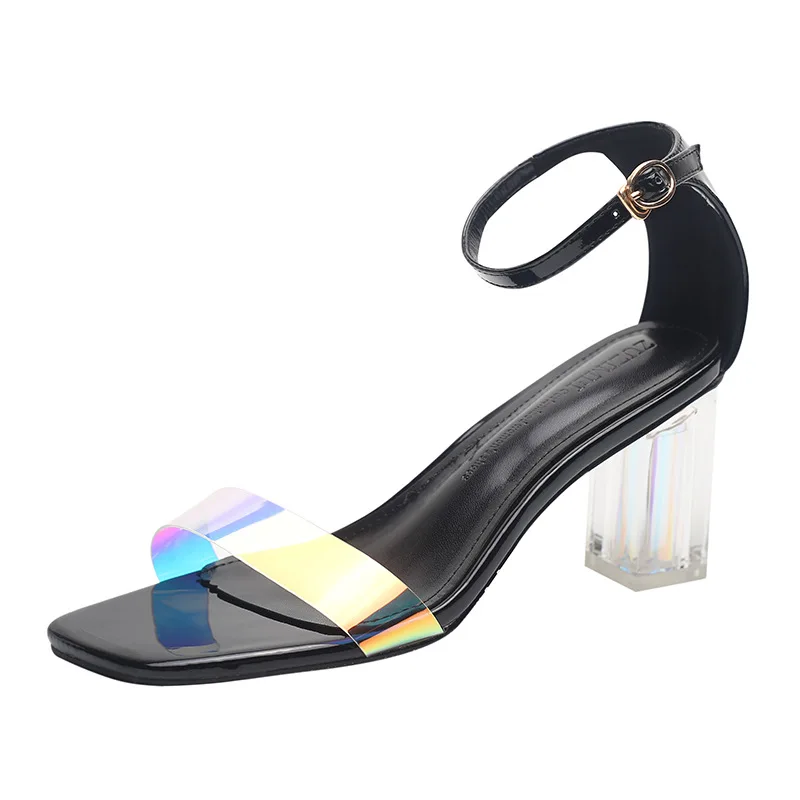 

936-9 Mirror Transparent Color High Heel Shoes Women's 2019 Summer New Style Chunky-Heel Versitile Fashion A- line with Sandals