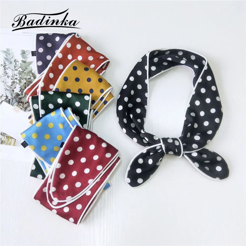 

2020 New Red Black White Pink Dot Printed Silk Hair Tie Scarf Scrunchie Bandana Female Long Skinny Headband Scarves for Women