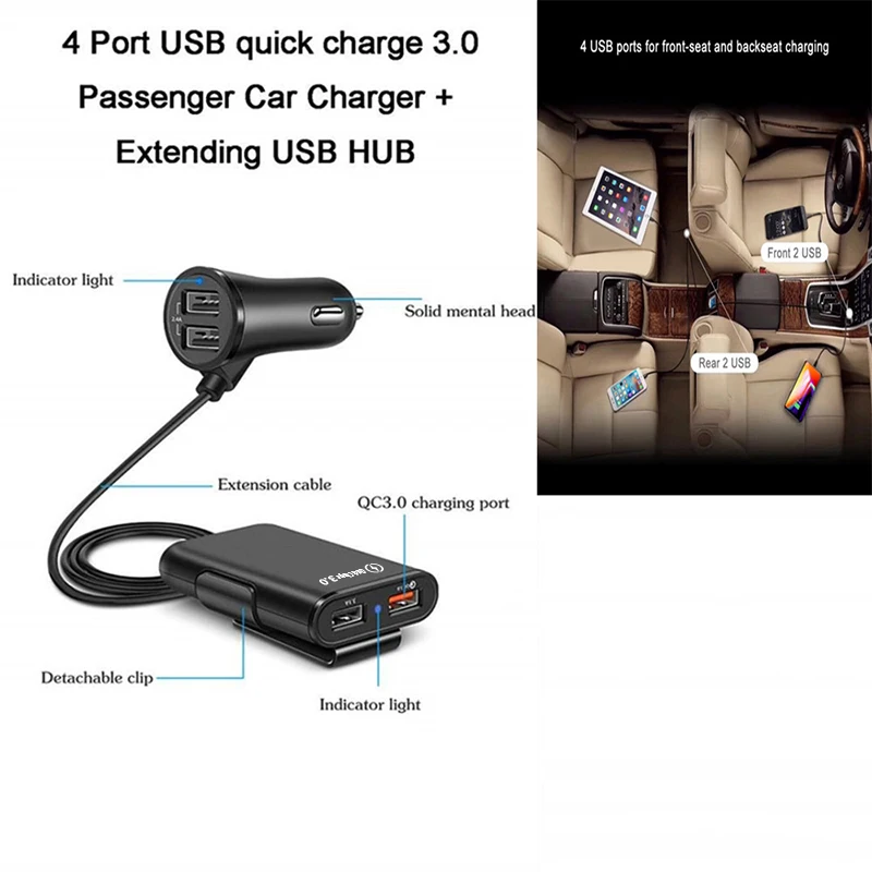 Быстрое 3,0 Автомобильное зарядное устройство 4 USB порта для samsung huawei P30 супер зарядка Быстрая Зарядка адаптер Автомобильное зарядное устройство с удлинительным кабелем 1,7 м