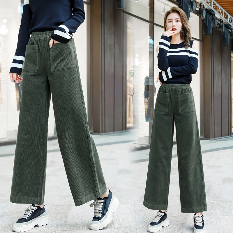 

Women Corduroy Pants 2019 Autumn Winter New Fashion Warm Elastic Waist Loose Wide Leg Pant Vintage Casual Woman Corduroy Trouser