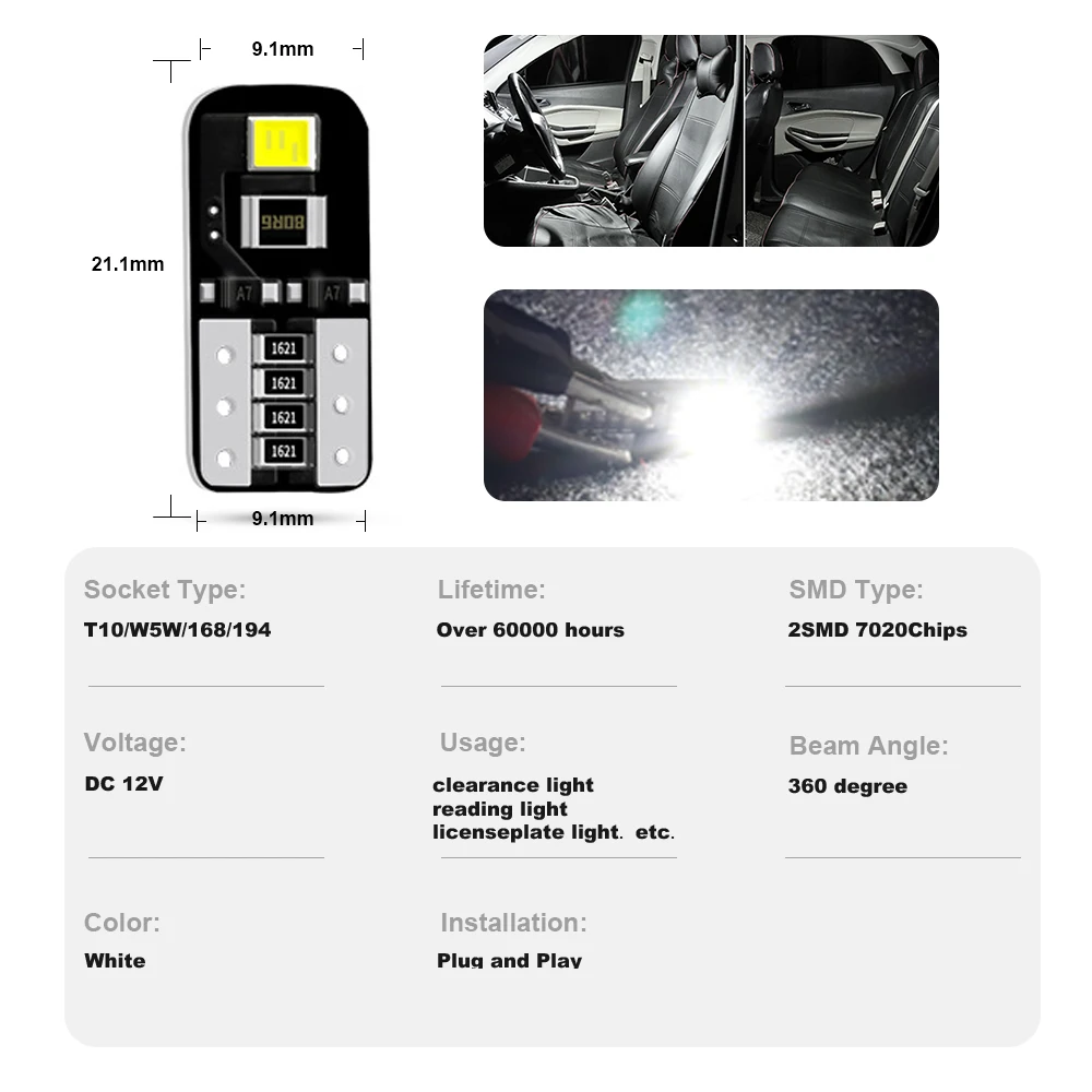 Ampoules T10 W5W CANBUS - 10 Pièces, Blanc, Pour Intérieur Voiture, Plaque, Plafonnier - 5