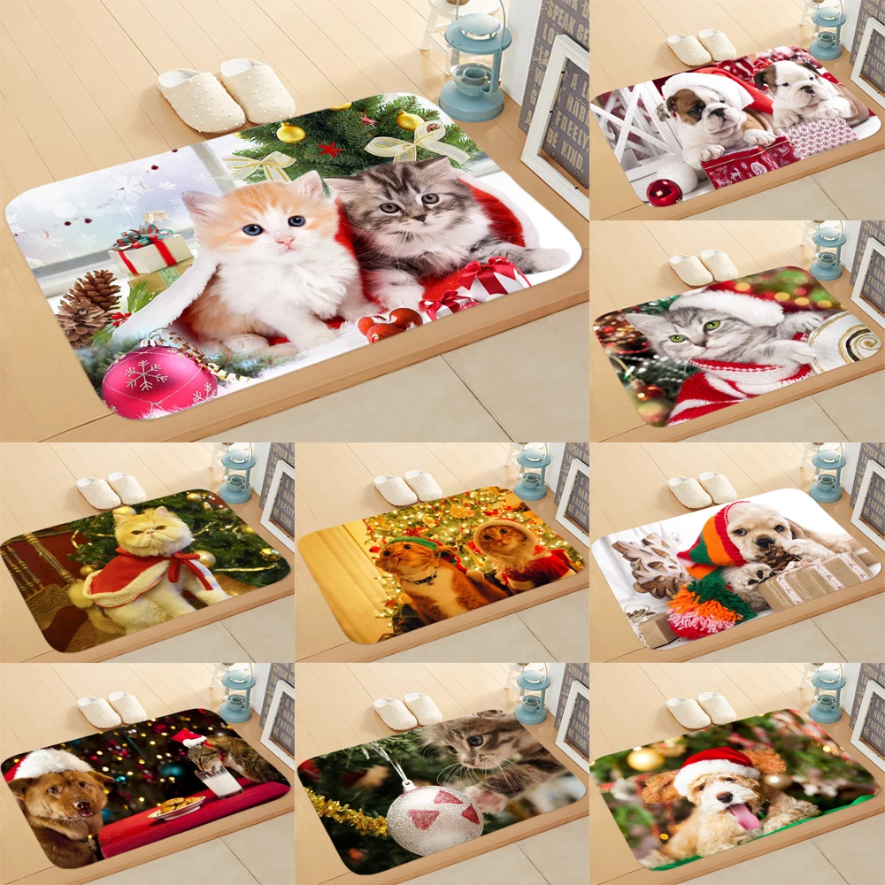 

Kawaii Flannel Welcome Floor Mats Cute Cat Dog Christmas Non-Slip Bath Carpet Outdoor Rugs Kitchen Living Room Anti-Slip Doormat