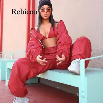 

cropped jacket cargo pants 2 pieces set autumn winter women windbreaker zip-up cardigan coat trousers tracksuit