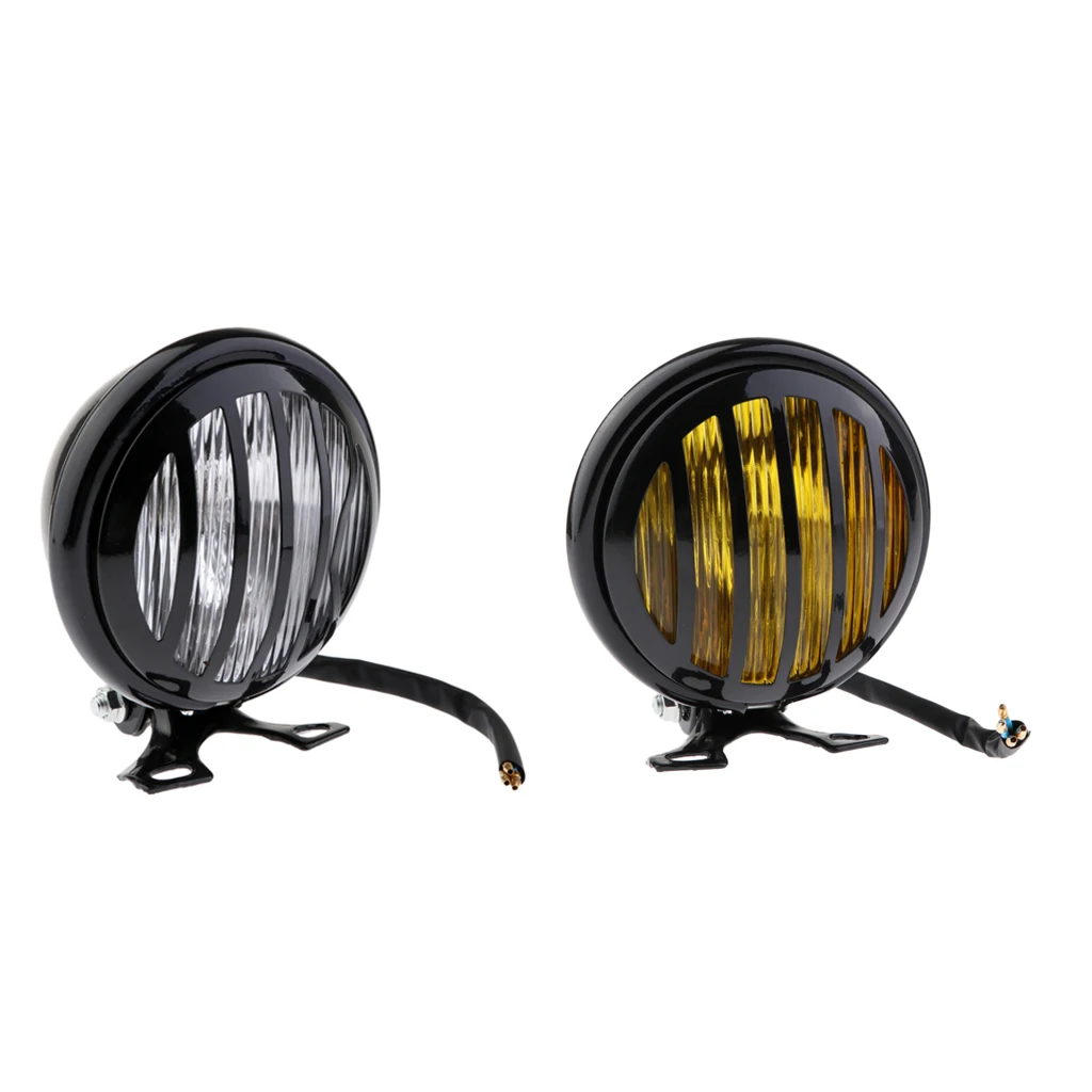 2x 6 inch Motorcycle Retro LED Finned Grill Headlight Head Lamp Replacement for Harley Bobber Cafe Racer Cruiser -Amber + Clear