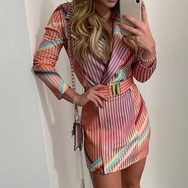 

Fashion Colorful Striped Women Sashes Blazer Dress Autumn Long Sleeve Slim Short Dress Office Lady Pockets Blazer Out Wear