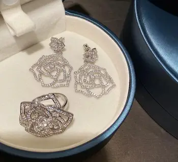 

women three-dimensional flower elegant lady hollow camellia earrings zircon ring jewelry set