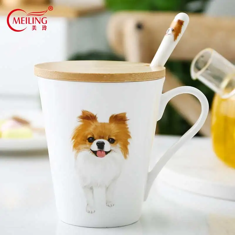 

Porcelain Chihuahua Dog Mug With Wood Cover & Spoon Bone China Cup Coffee Tea Water Travel Mug Creative Gifts For Dog Lover Kids