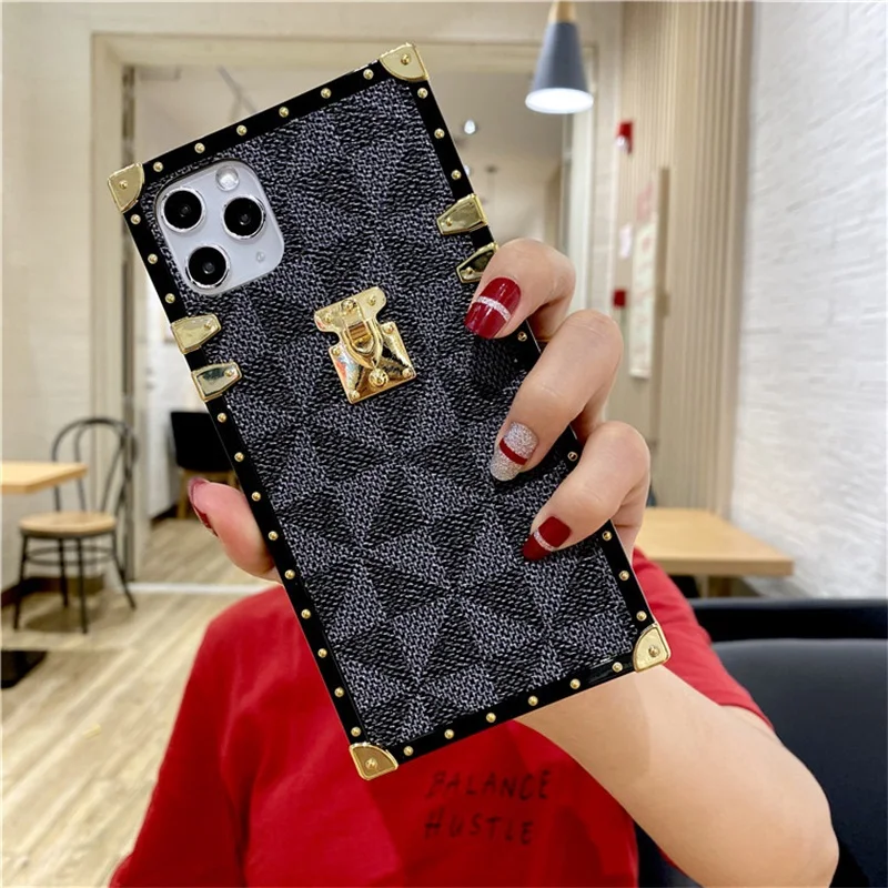 Luxury Square Geometric Leather Phone Case For iPhone 13 12 11 Pro 7 8Plus  XR Xs Max Vintage Lattice Cover For samsung S20FE S21