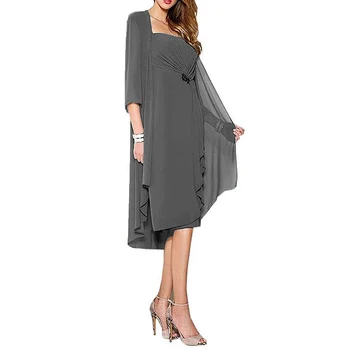 

Simple Brown Silver Chiffon Knee Length Mother of The Bride Dresses with Jacket Sequin Beads Pleat Wedding Mother Evening Gowns