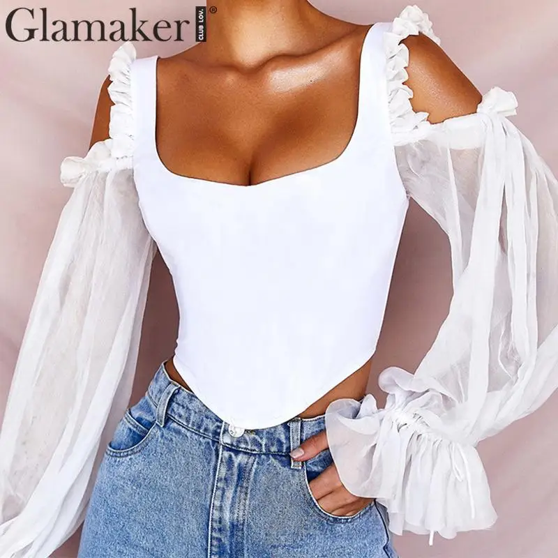 

Glamaker Elegant ruffle hollow out blouse Female lantern sleeve sexy streetwear short shirt Autumn party club women blouse shirt