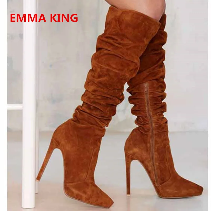 

Fashion Brown Suede Pleated Designer Women Knee High Boots Pointed Toe Stilettos Winter Long Boots Side Zipper High Heels Shoes