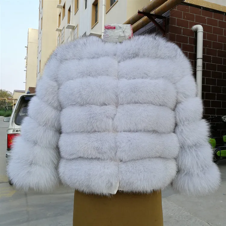 Blue fox ecru Женское пальто из натурального меха голубой лисы, Короткая Толстая теплая Роскошная зимняя верхняя одежда с рукавами для девочек - Цвет: Blue fox ecru