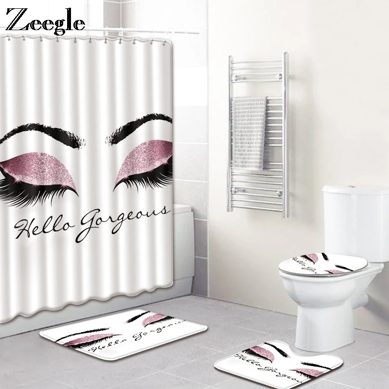 Zeegle Bathroom Curtain Anti Slip Bathroom Doormat Absorbent Shower Mat Toilet Pedestal Rug Waterproof Shower Curtain Toilet Set