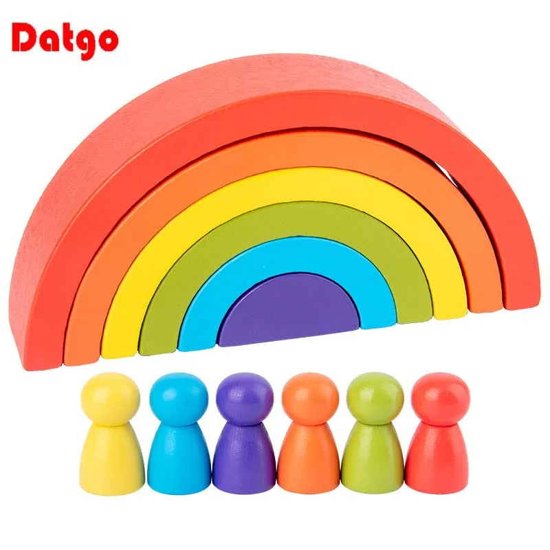 Wooden Building Blocks Montessori Arch Bridge Semicircle Rainbow Villain Set for Baby Education