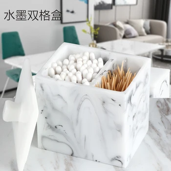 

Nordic Creative Round Resin Marble Texture Cotton Swab Box Home Living Room Toothpick Box Desktop Double Grid Storage Box