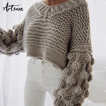 

Artsnie Gray Streetwear Hand Knitted Short Pullovers Women Autumn 2018 V Neck Lantern Sleeve Crop Sweaters Jumper Pull Femme