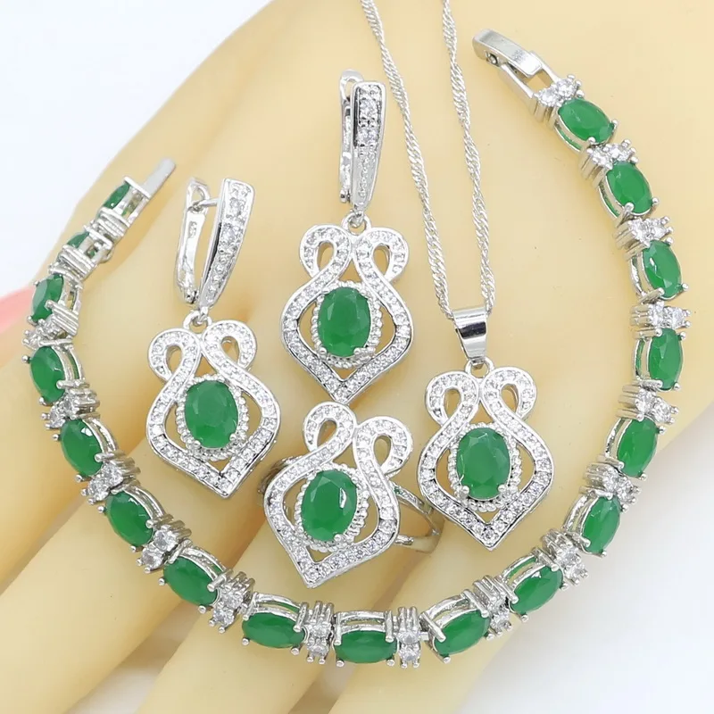 925 серебряные ювелирные наборы для женщин браслет зеленый полудрагоценные серьги кольца ожерелье Кулон Подарочная коробка