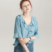 Женский топ из натурального шелка в горошек, шелк тутового цвета, базовые футболки с оборками, M L XL